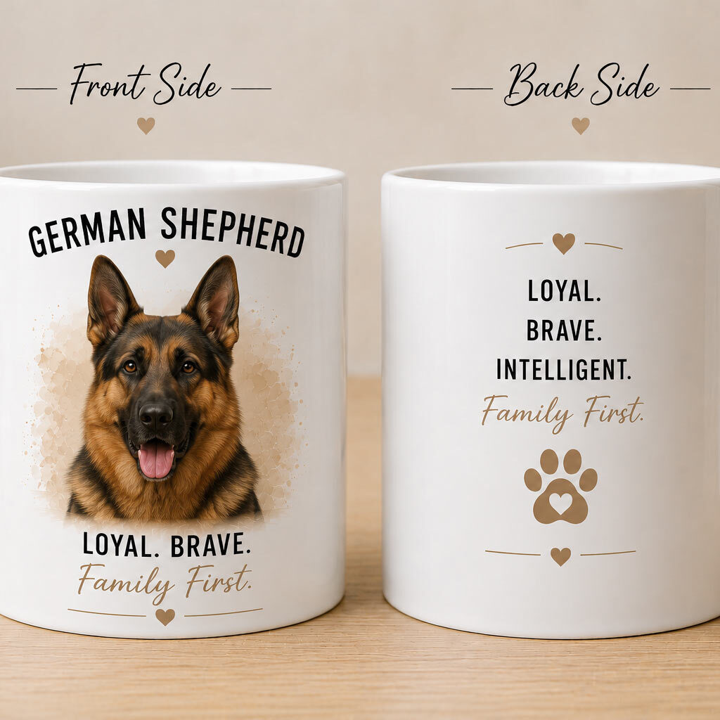 Custom German Shepherd portrait mug example - Loyal. Brave. Family First. - personalized pet mug PrintMyVibe Toronto - front and back view
