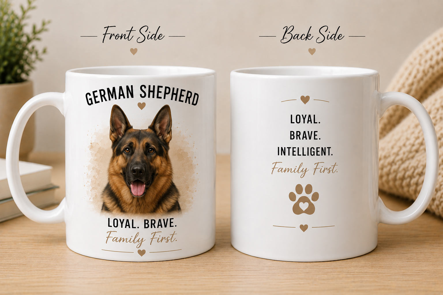 custom-dog-mug-german-shepherd-front-back Custom German Shepherd portrait mug example - Loyal. Brave. Family First. - personalized pet mug PrintMyVibe Toronto - front and back view
