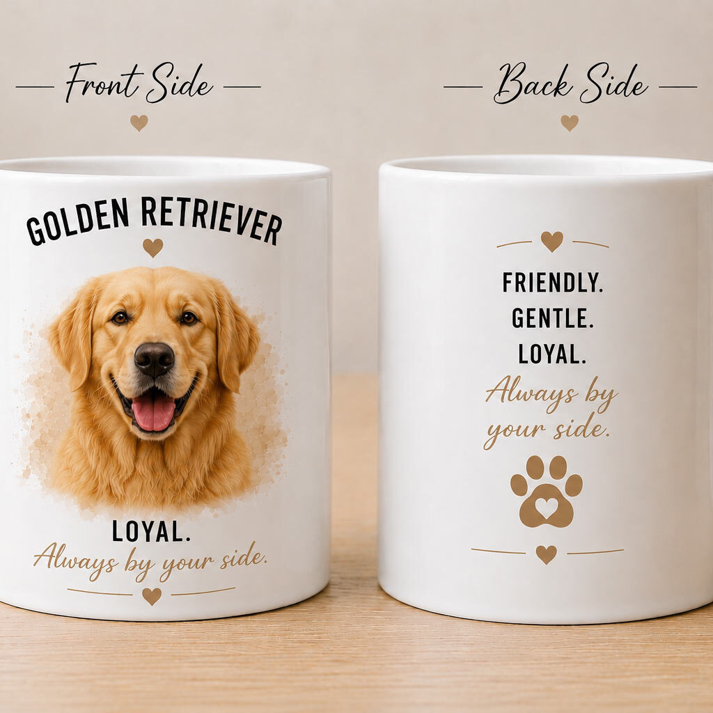 Custom Golden Retriever portrait mug example - Friendly. Gentle. Loyal. Always by your side. - personalized pet mug PrintMyVibe Toronto - front and back view