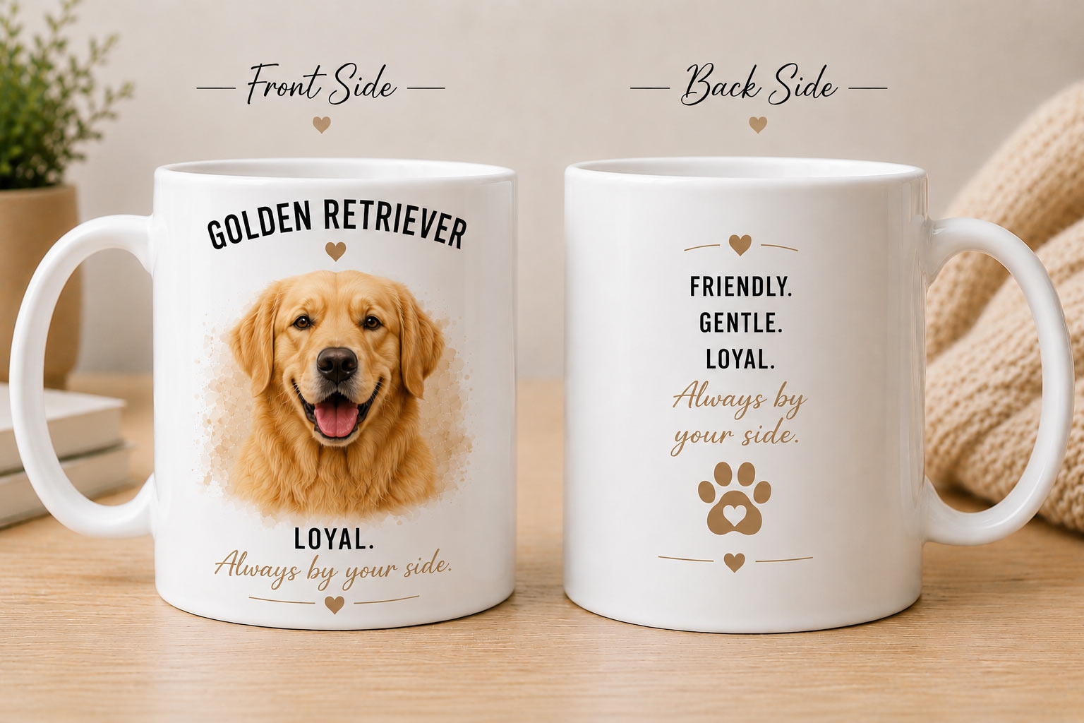 custom-dog-mug-golden-retriever-front-back Custom Golden Retriever portrait mug example - Friendly. Gentle. Loyal. Always by your side. - personalized pet mug PrintMyVibe Toronto - front and back view