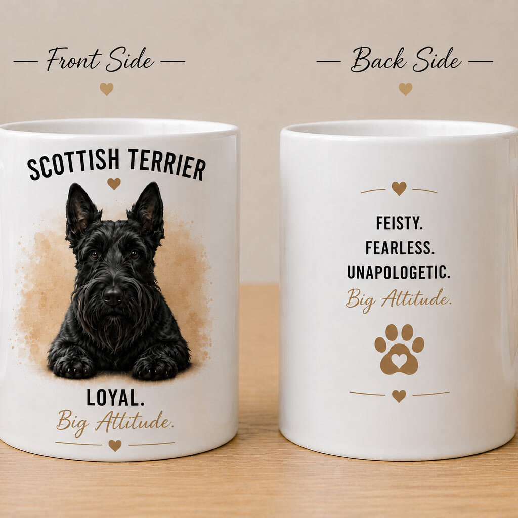 Custom Scottish Terrier portrait mug example - Feisty. Fearless. Unapologetic. Big Attitude. - personalized pet mug PrintMyVibe Toronto - front and back view