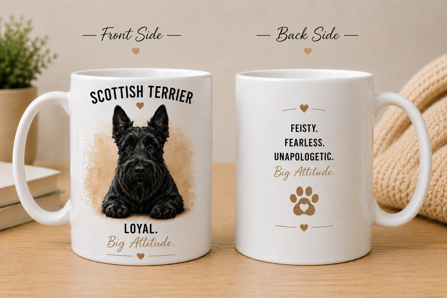 Custom Scottish Terrier portrait mug example - Feisty. Fearless. Unapologetic. Big Attitude. - personalized pet mug PrintMyVibe Toronto - front and back view