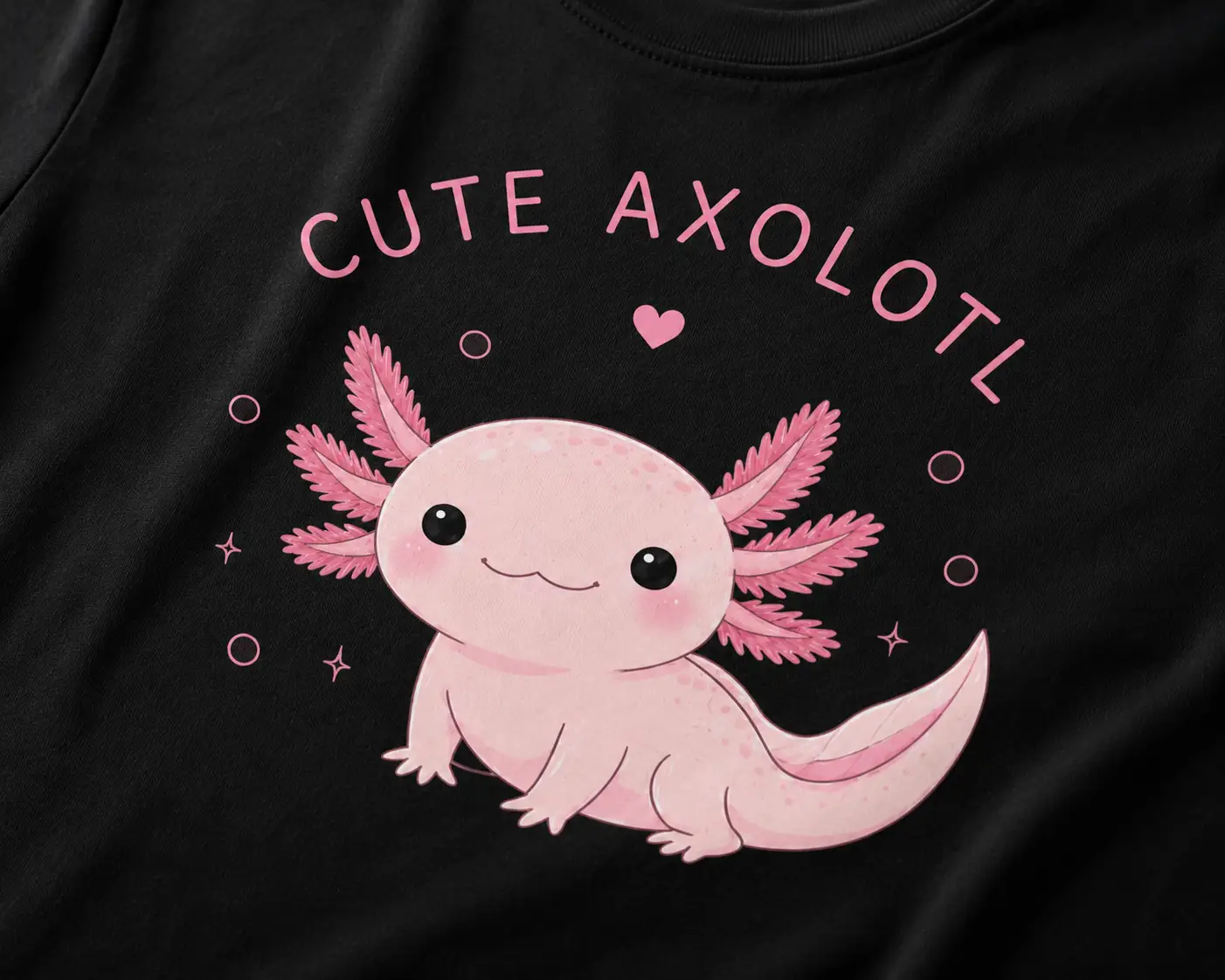Cute Axolotl print close-up on black tee - kawaii pink axolotl detail