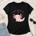 Black Cute Axolotl fitted tee flat lay - kawaii axolotl women's top by PrintMyVibe