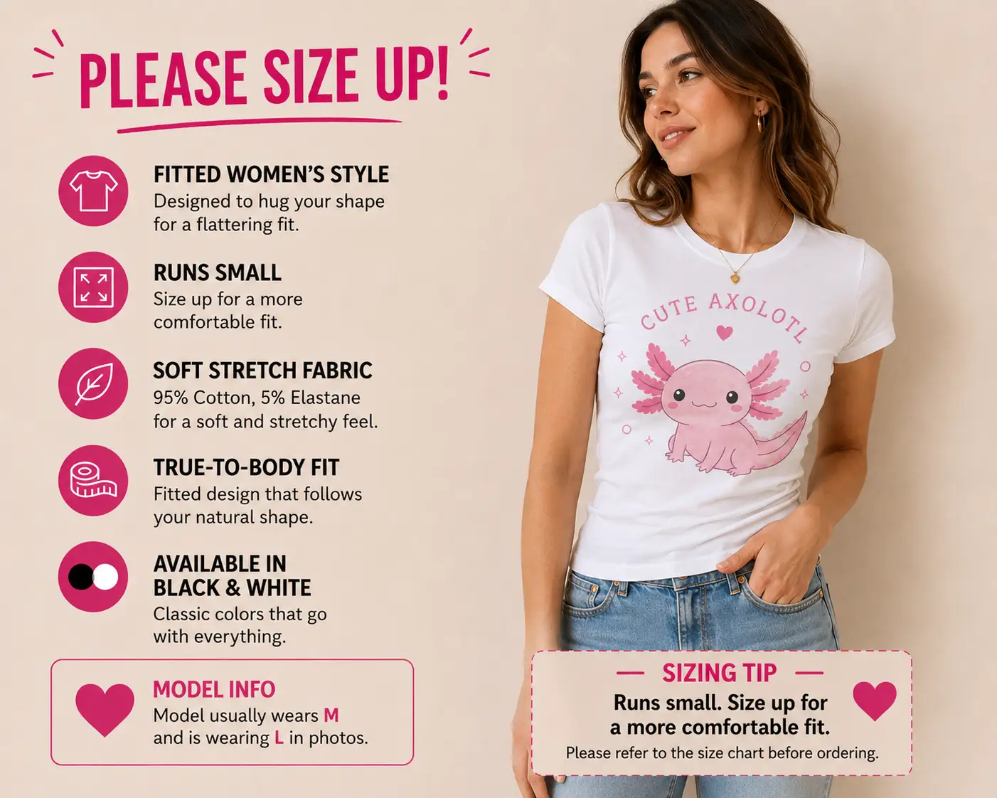 Cute Axolotl fitted top sizing guide - runs small, please size up - PrintMyVibe