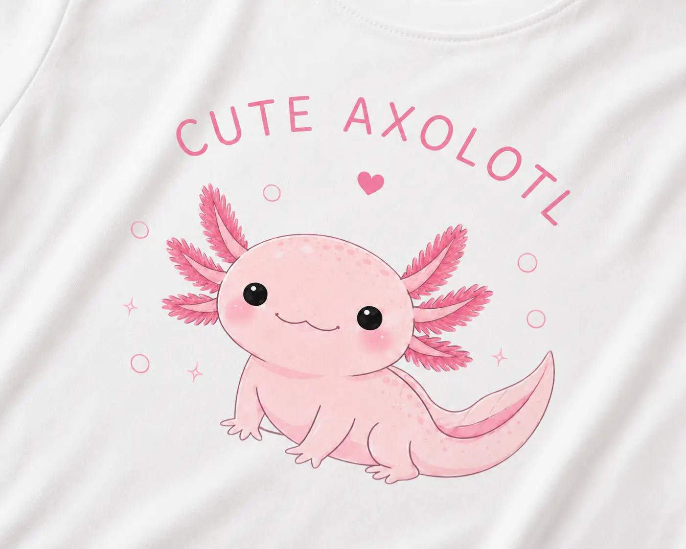 Cute Axolotl print close-up on white tee - kawaii pink axolotl detail
