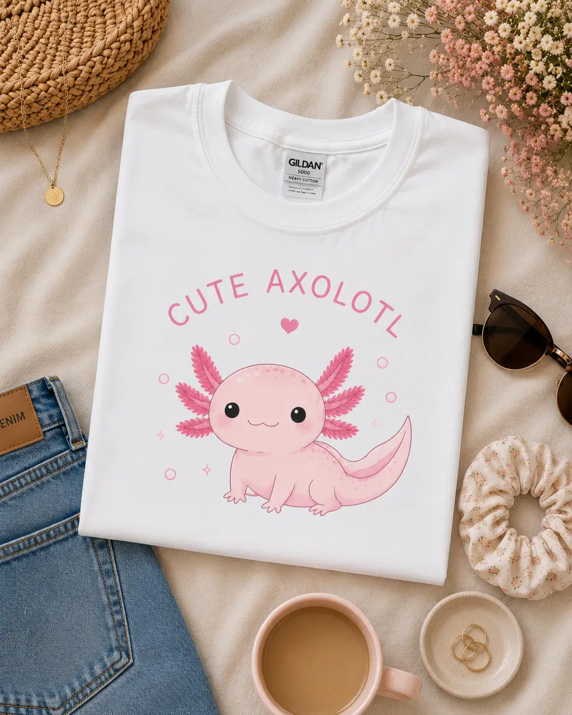 Cute Axolotl white top styled with jeans - kawaii women's tee GTA