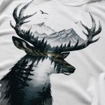 Deer Mountain tee detail on fabric - double exposure stag print pressed in Toronto