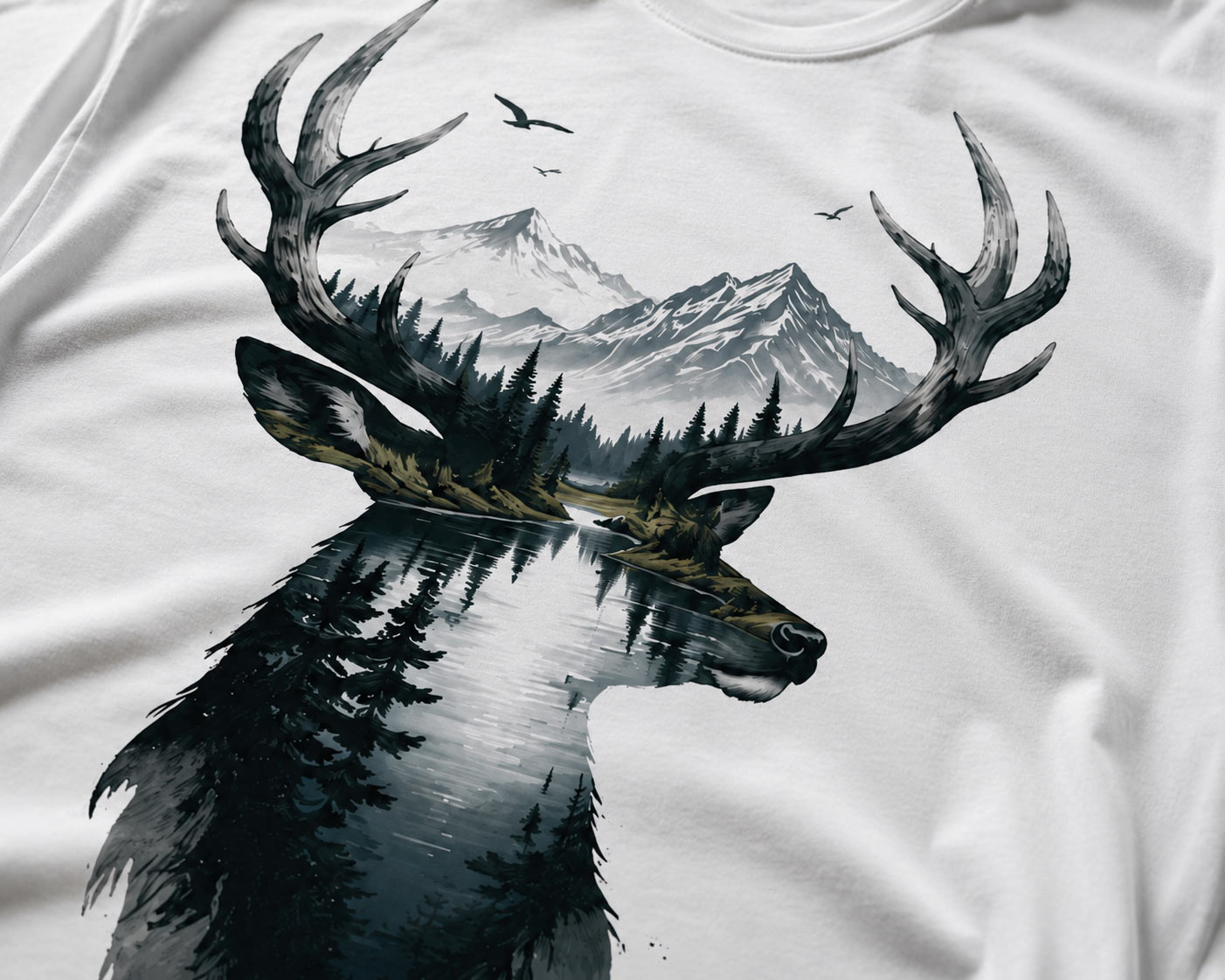 Deer Mountain tee detail on fabric - double exposure stag print pressed in Toronto