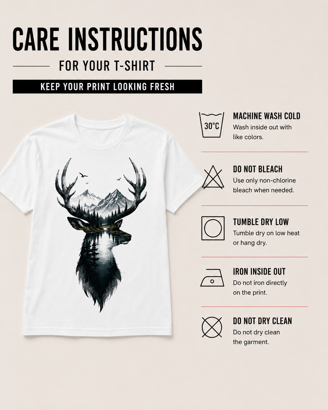 Deer Mountain tee detail on fabric - double exposure stag print pressed in Toronto