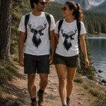 Couple wearing Deer Mountain tees hiking by a lake - outdoor nature tee Toronto