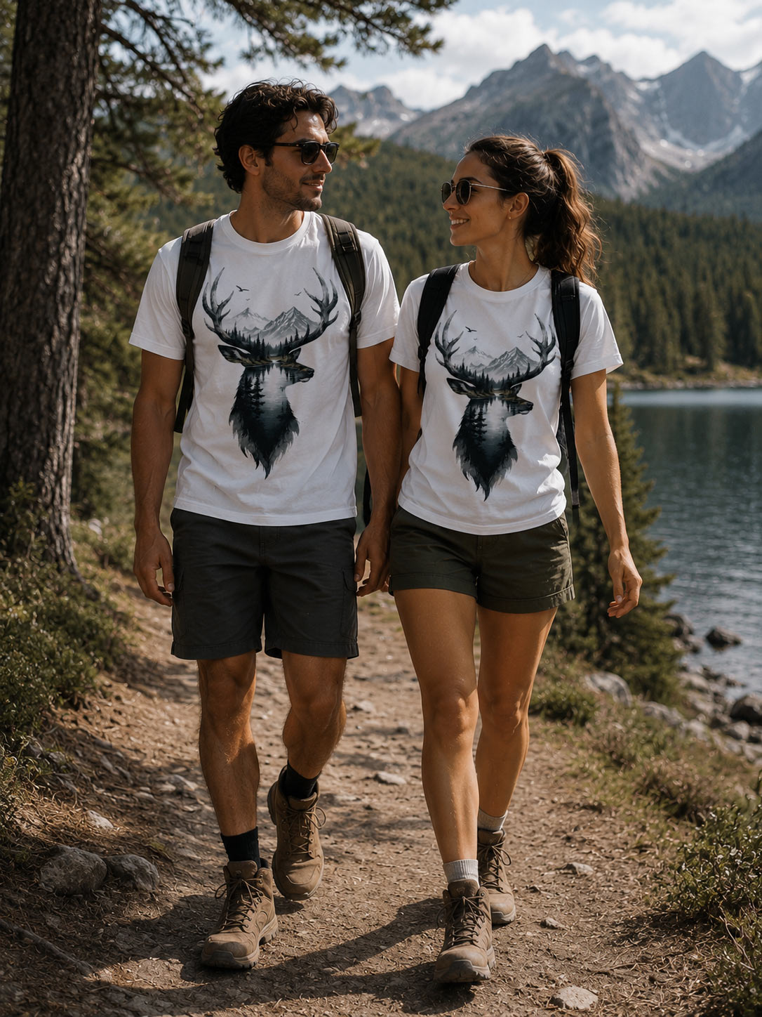 Couple wearing Deer Mountain tees hiking by a lake - outdoor nature tee Toronto