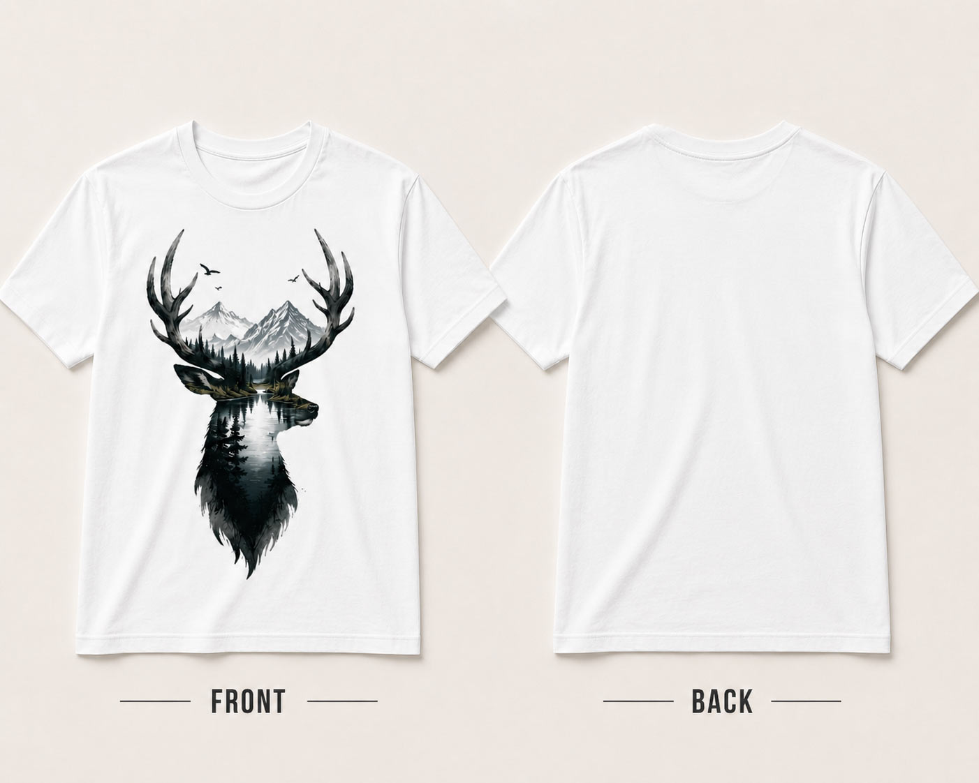 Deer Mountain white tee front and back view - unisex heavy cotton nature tee