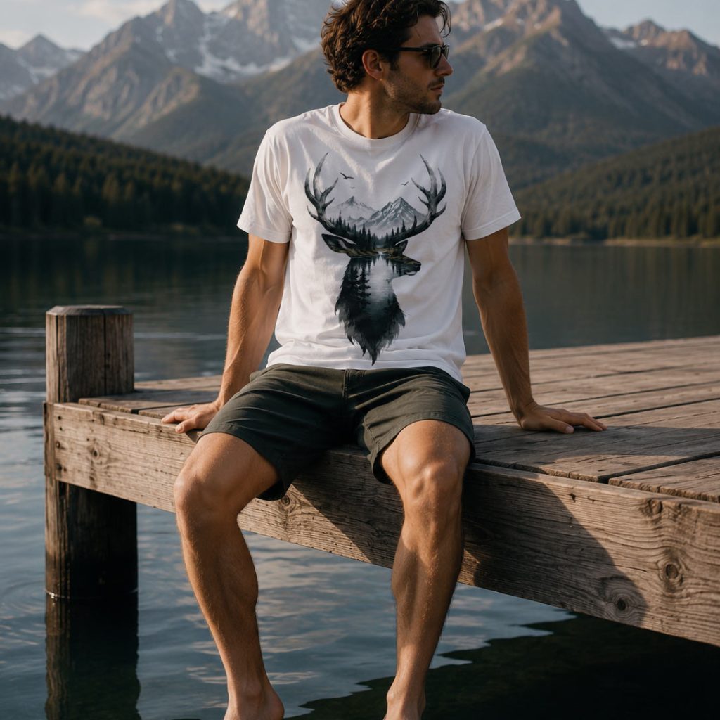 Man in Deer Mountain tee sitting on a lakeside dock - outdoor unisex tee Toronto