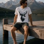 Man in Deer Mountain tee sitting on a lakeside dock - outdoor unisex tee Toronto