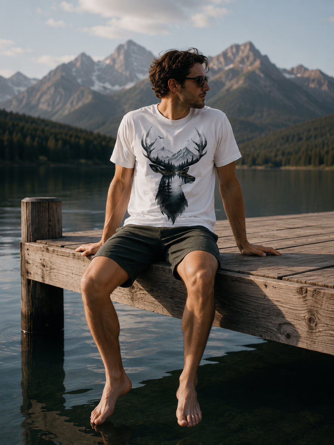 Man in Deer Mountain tee sitting on a lakeside dock - outdoor unisex tee Toronto