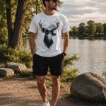 Man wearing white Deer Mountain tee by a mountain lake - wilderness tee Canada