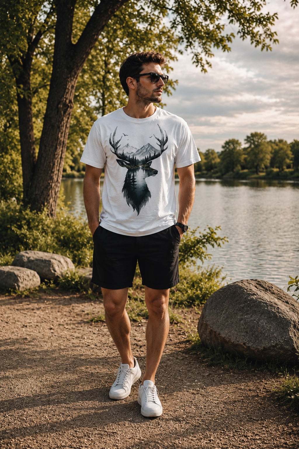 Man wearing white Deer Mountain tee by a mountain lake - wilderness tee Canada