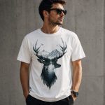 Man wearing white Deer Mountain tee - double exposure stag tee GTA
