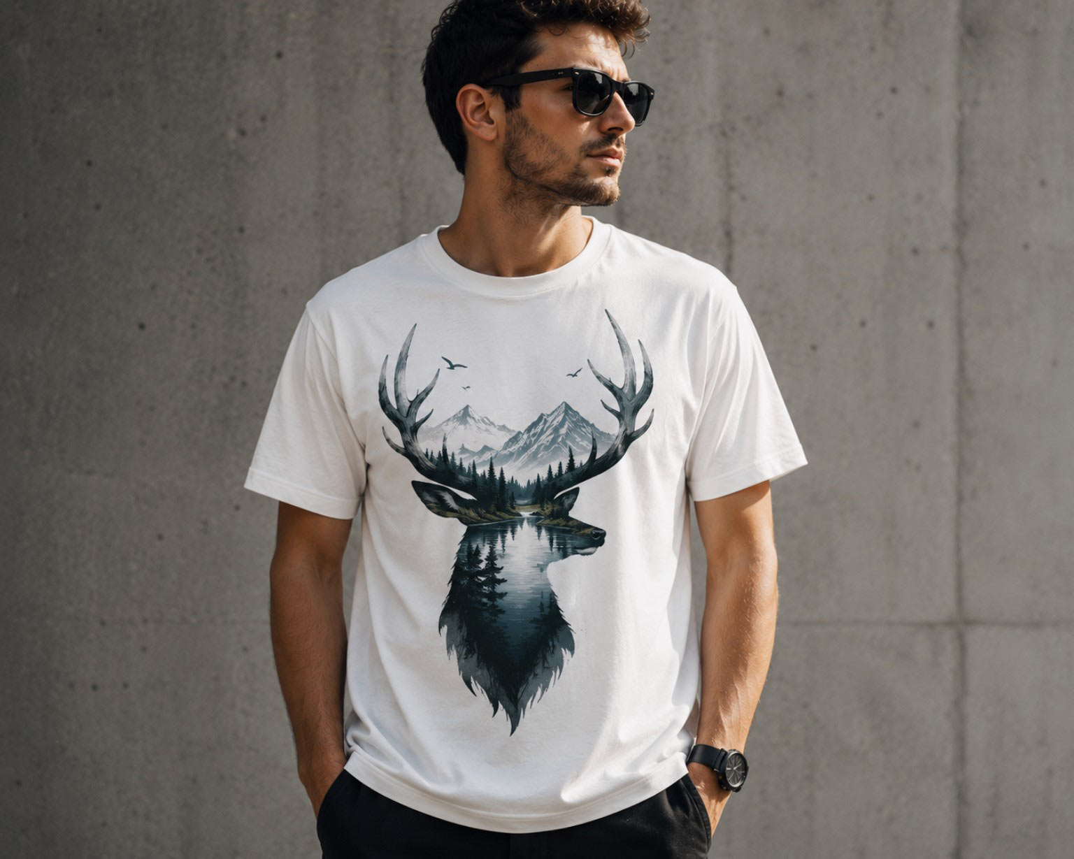 Man wearing white Deer Mountain tee - double exposure stag tee GTA