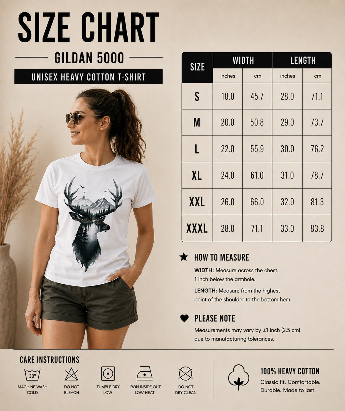 Deer Mountain unisex tee size chart - Gildan 5000 heavy cotton sizes S to 3XL