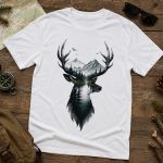 White Deer Mountain tee flat lay on wood with pinecone - double exposure stag tee Canada