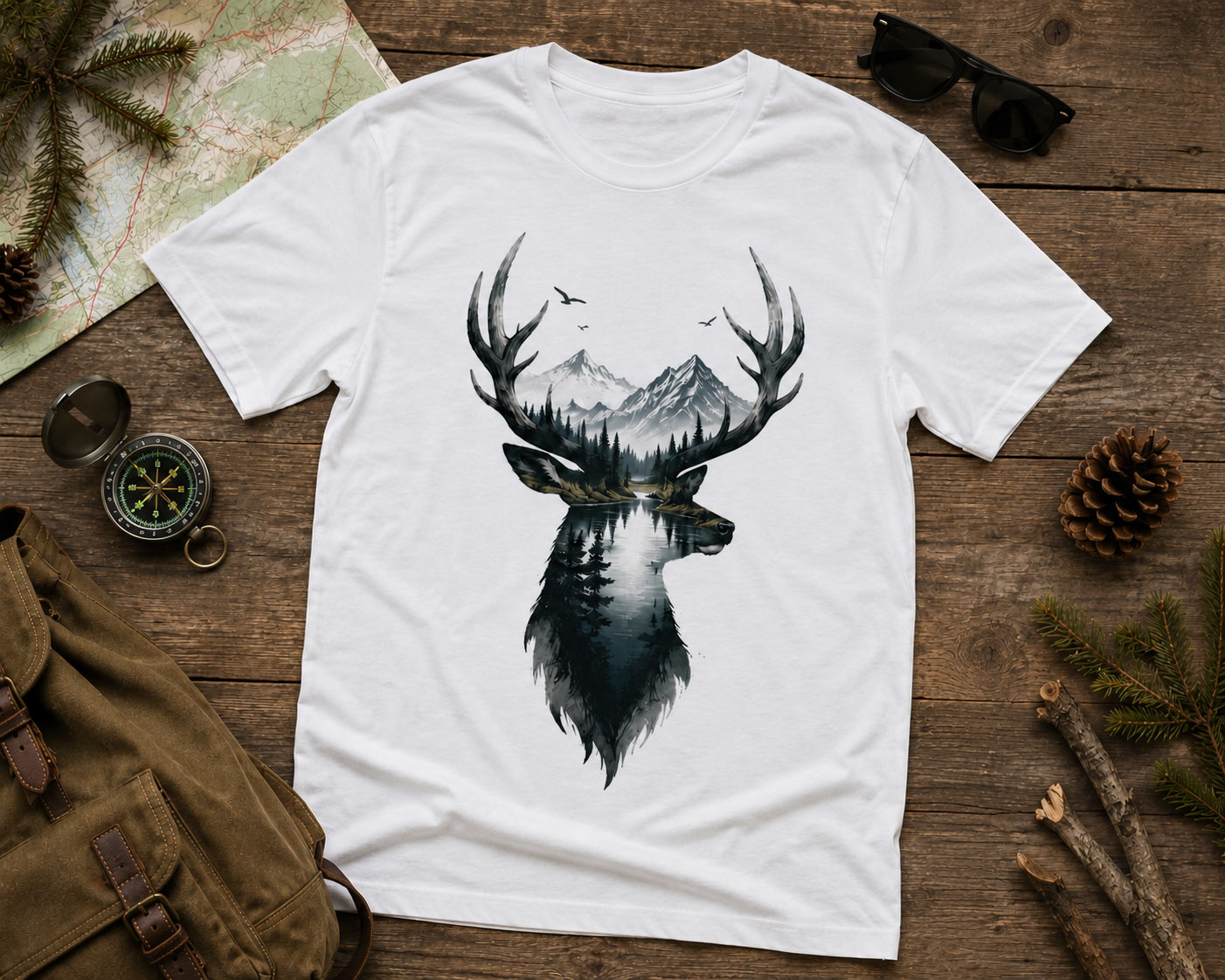 White Deer Mountain tee flat lay on wood with pinecone - double exposure stag tee Canada