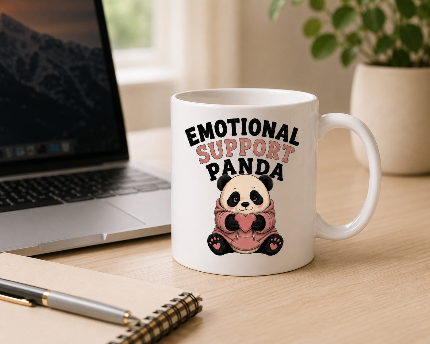 Emotional Support Panda Mug — 11oz Funny Ceramic Mug - on a desk - PrintMyVibe Toronto