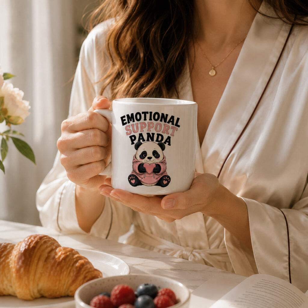 Emotional Support Panda Mug — 11oz Funny Ceramic Mug - being used - PrintMyVibe Toronto