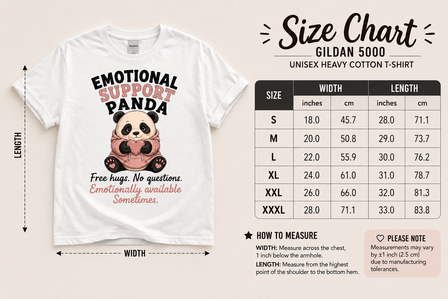 Emotional Support Panda unisex tee size chart - Gildan 5000 sizes S to 3XL
