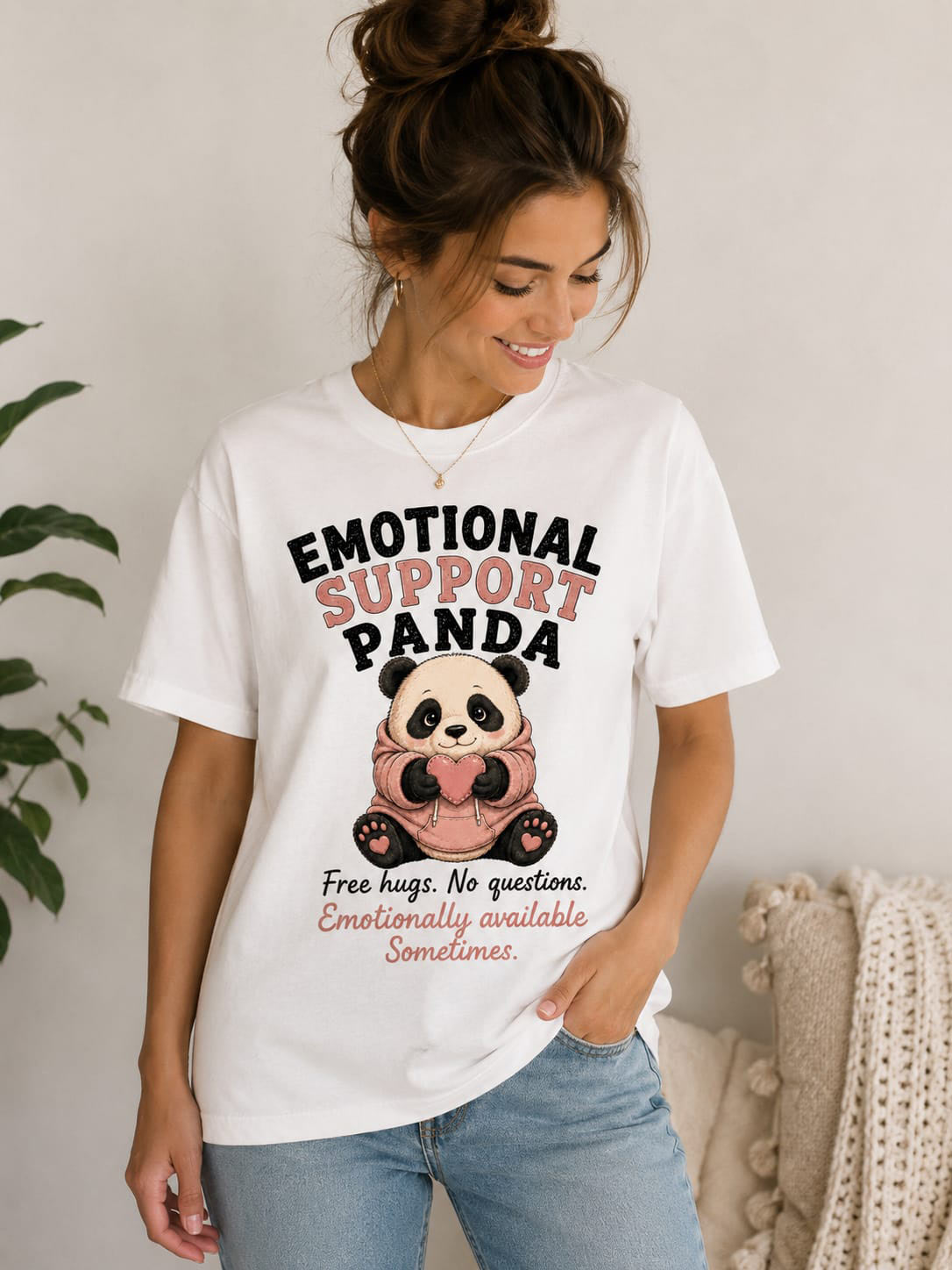 Woman in Emotional Support Panda tee at home - self care funny tee pressed in Toronto