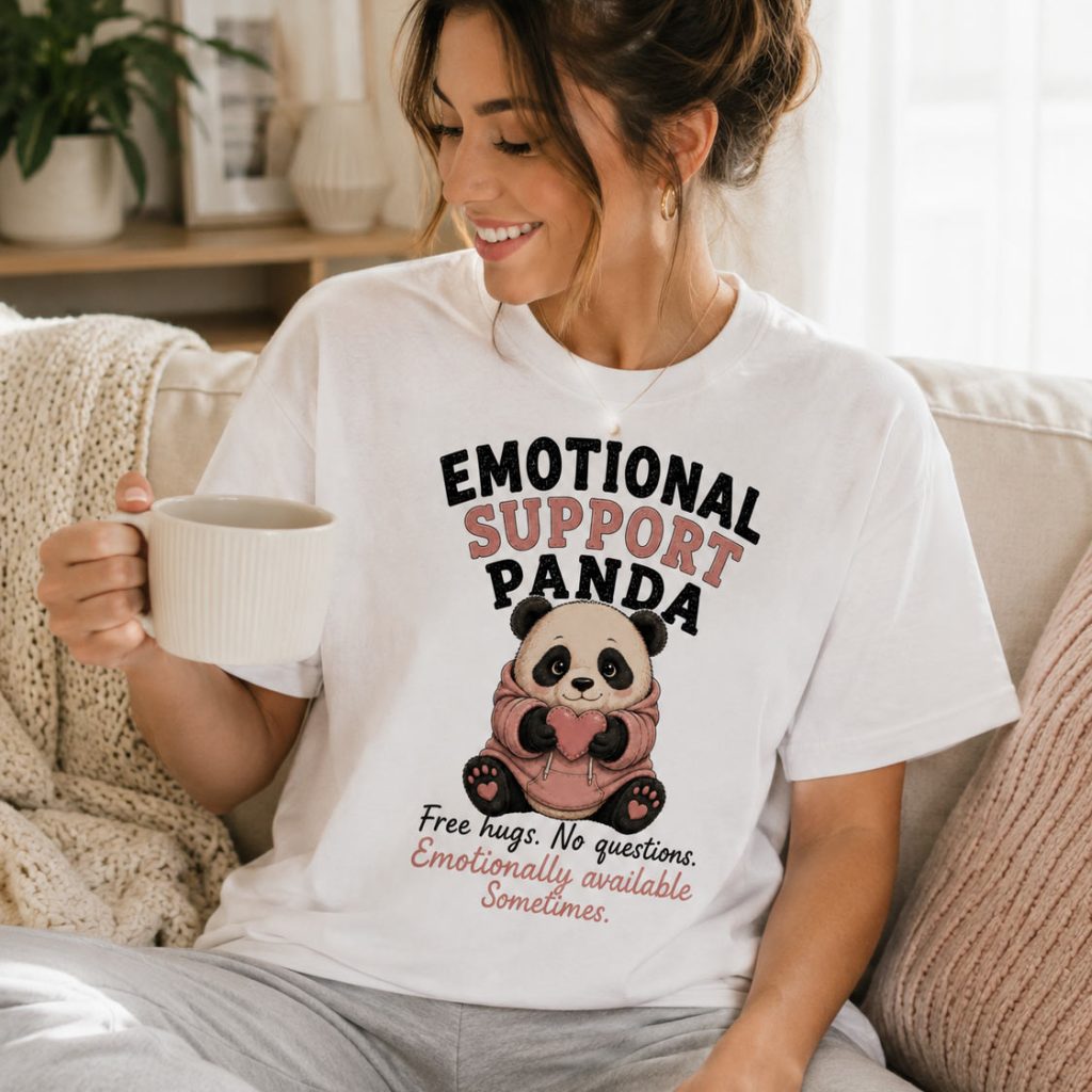 Woman in Emotional Support Panda tee holding a mug - cozy funny tee GTA