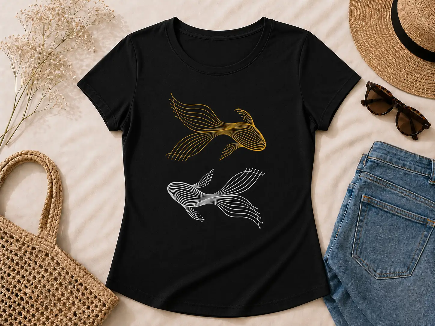 Black Golden Koi Fish fitted tee flat lay - elegant koi line art pressed in Toronto