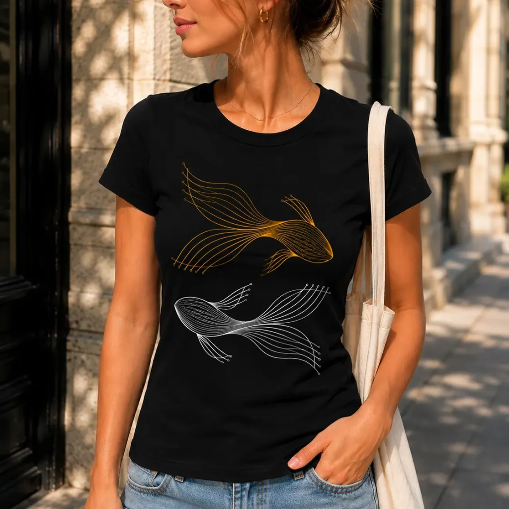 Black Golden Koi Fish fitted tee styled outfit - minimalist koi top GTA