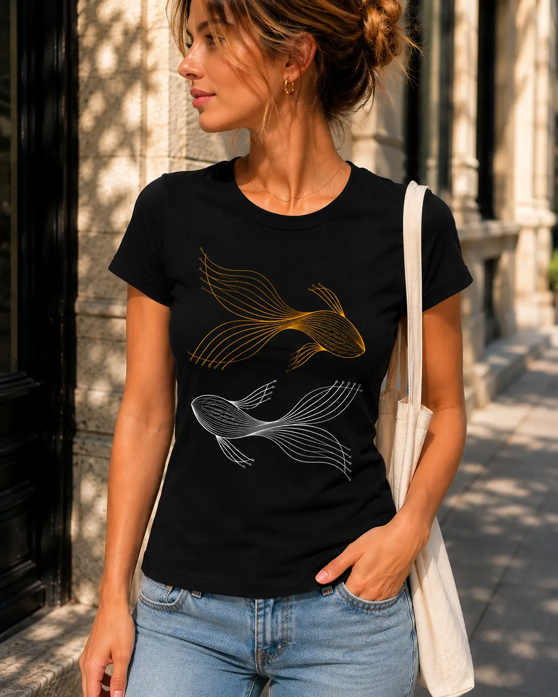 Black Golden Koi Fish fitted tee styled outfit - minimalist koi top GTA