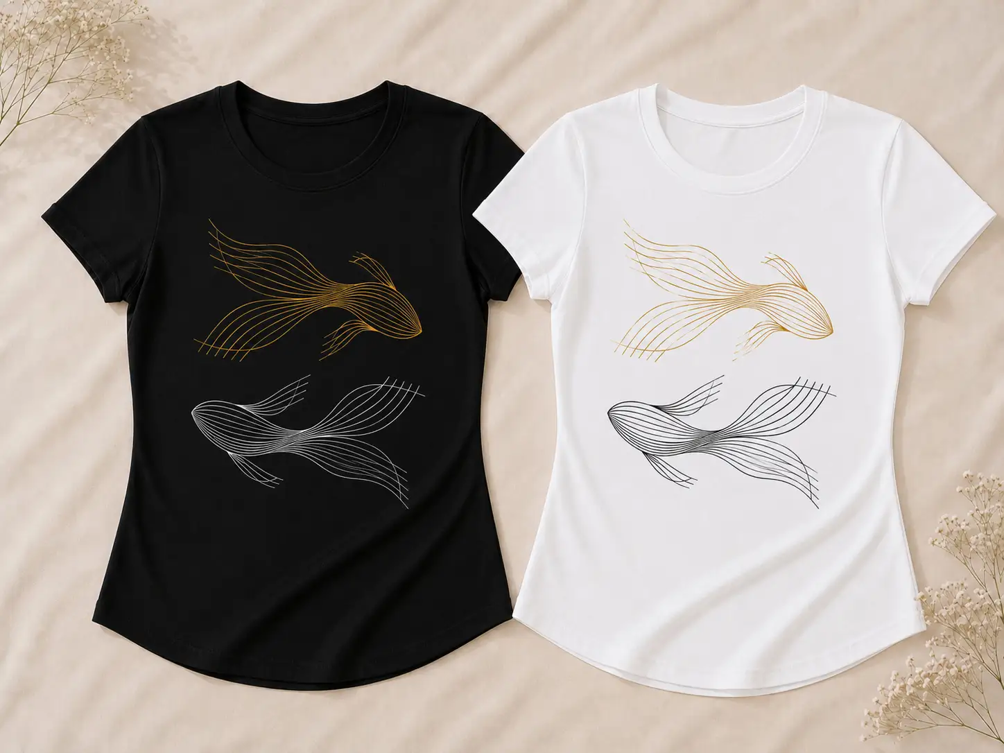 Golden Koi Fish fitted tee in black and white with gold and silver fish line art - PrintMyVibe Toronto
