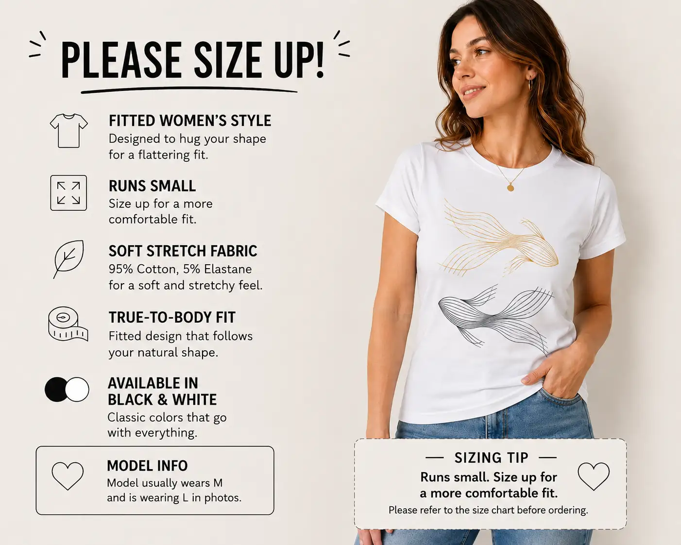 Golden Koi Fish fitted top sizing guide - runs small, please size up - PrintMyVibe