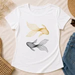 White Golden Koi Fish fitted tee flat lay - gold koi line art design GTA