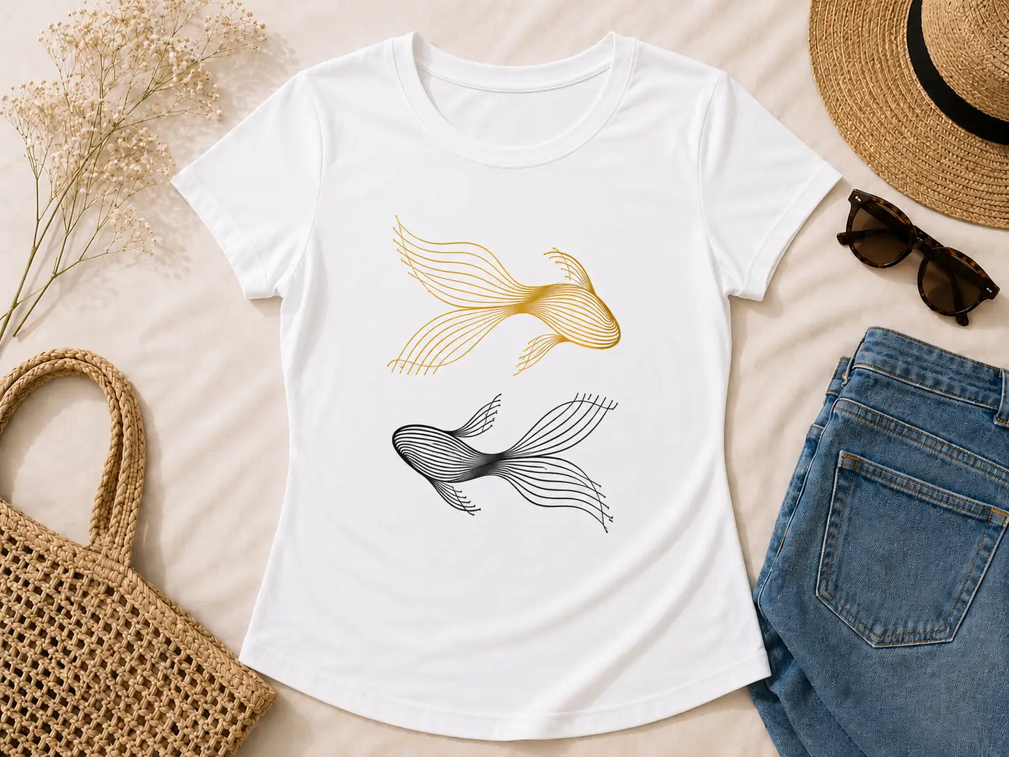 White Golden Koi Fish fitted tee flat lay - gold koi line art design GTA