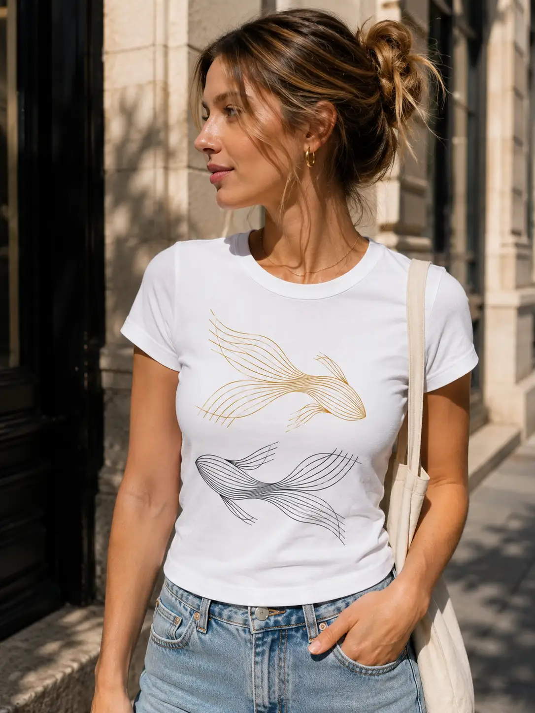 Golden Koi Fish white fitted tee street style - elegant women's top Toronto