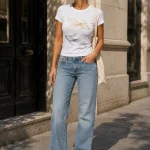 Golden Koi Fish white top styled with jeans - minimalist fish tee by PrintMyVibe