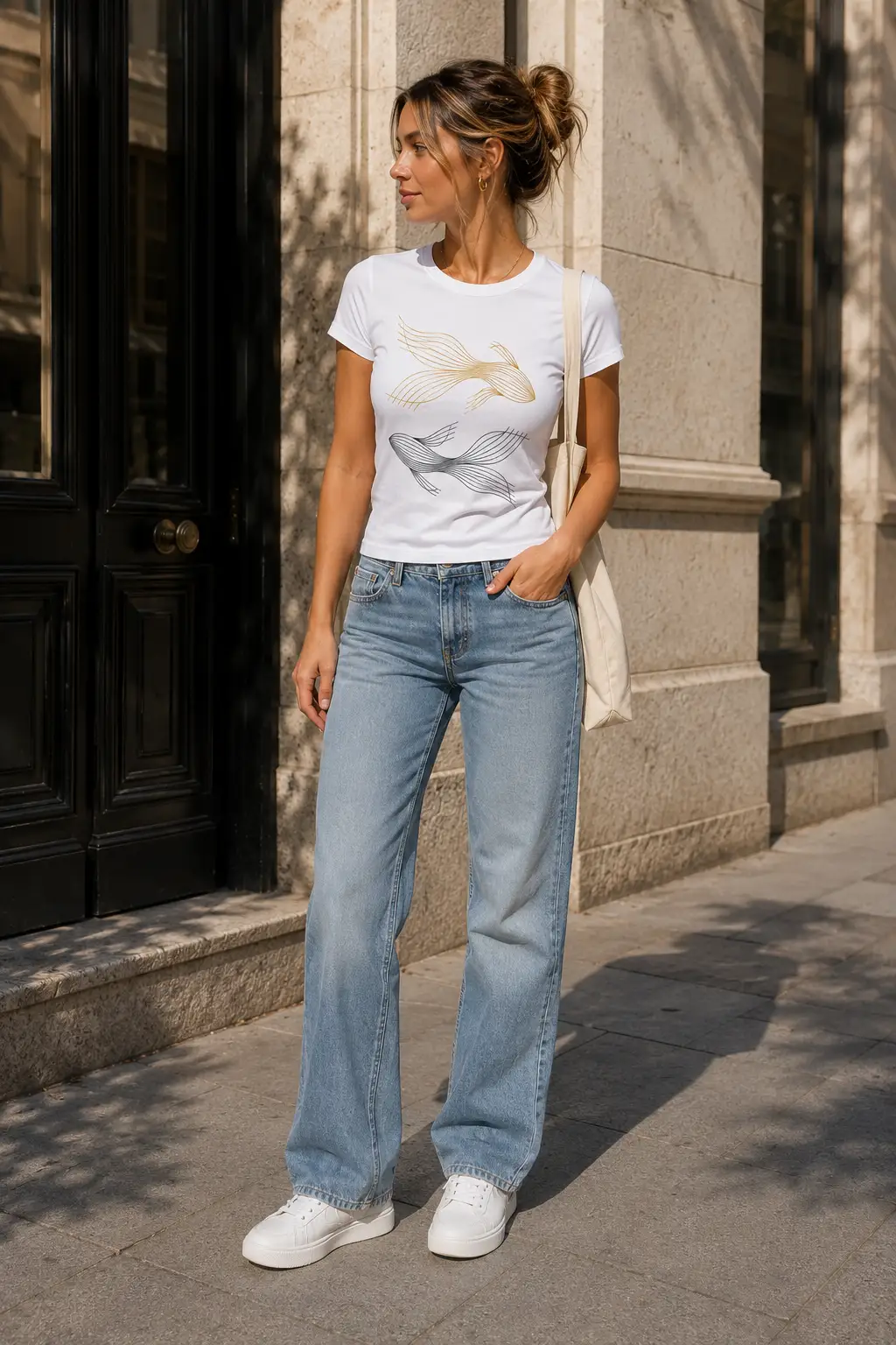 Golden Koi Fish white top styled with jeans - minimalist fish tee by PrintMyVibe