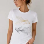 Woman wearing black Golden Koi Fish fitted tee - elegant line art top Canada
