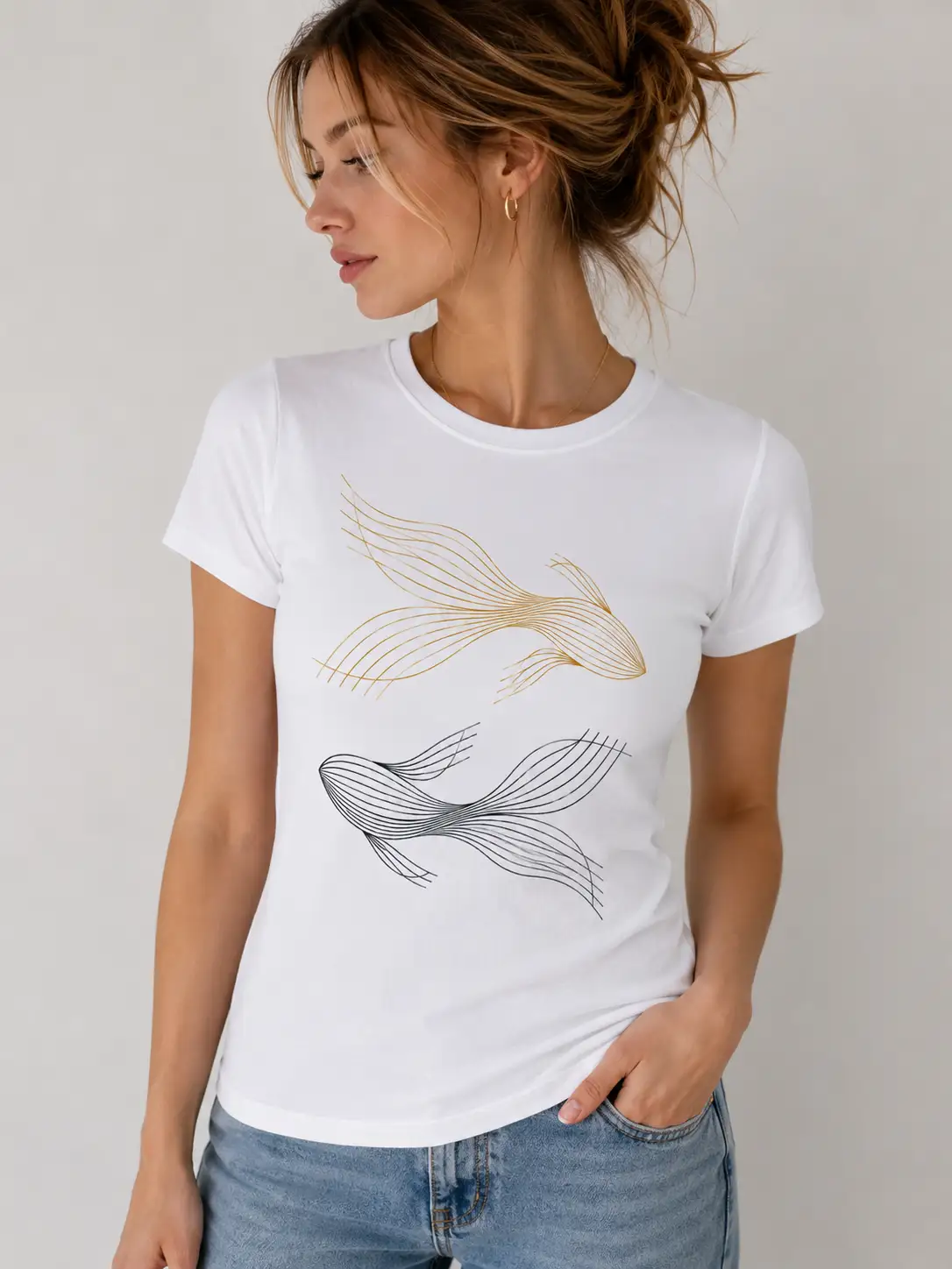 Woman wearing black Golden Koi Fish fitted tee - elegant line art top Canada