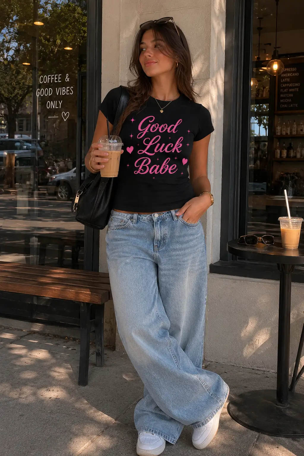 Good Luck Babe black fitted tee at a cafe - aesthetic women's top GTA