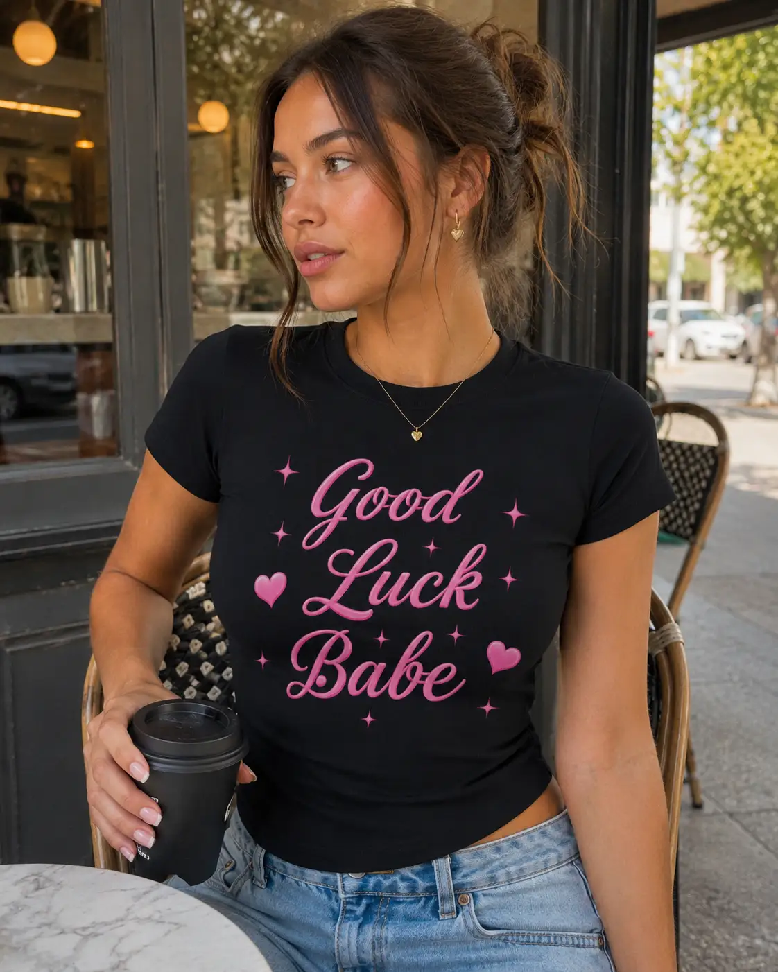 Woman wearing black Good Luck Babe fitted tee with pink script - PrintMyVibe Toronto