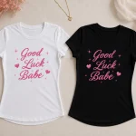 Good Luck Babe fitted tee in black and white - pink script women's top pair