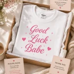 Good Luck Babe fitted top folded in a gift box - pink script tee gift idea - PrintMyVibe Toronto