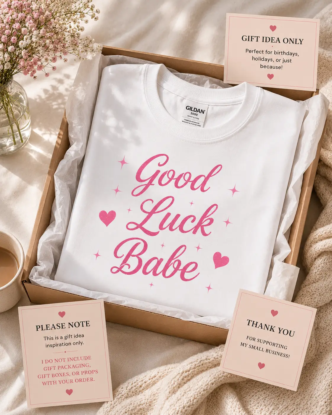 Good Luck Babe fitted top folded in a gift box - pink script tee gift idea - PrintMyVibe Toronto