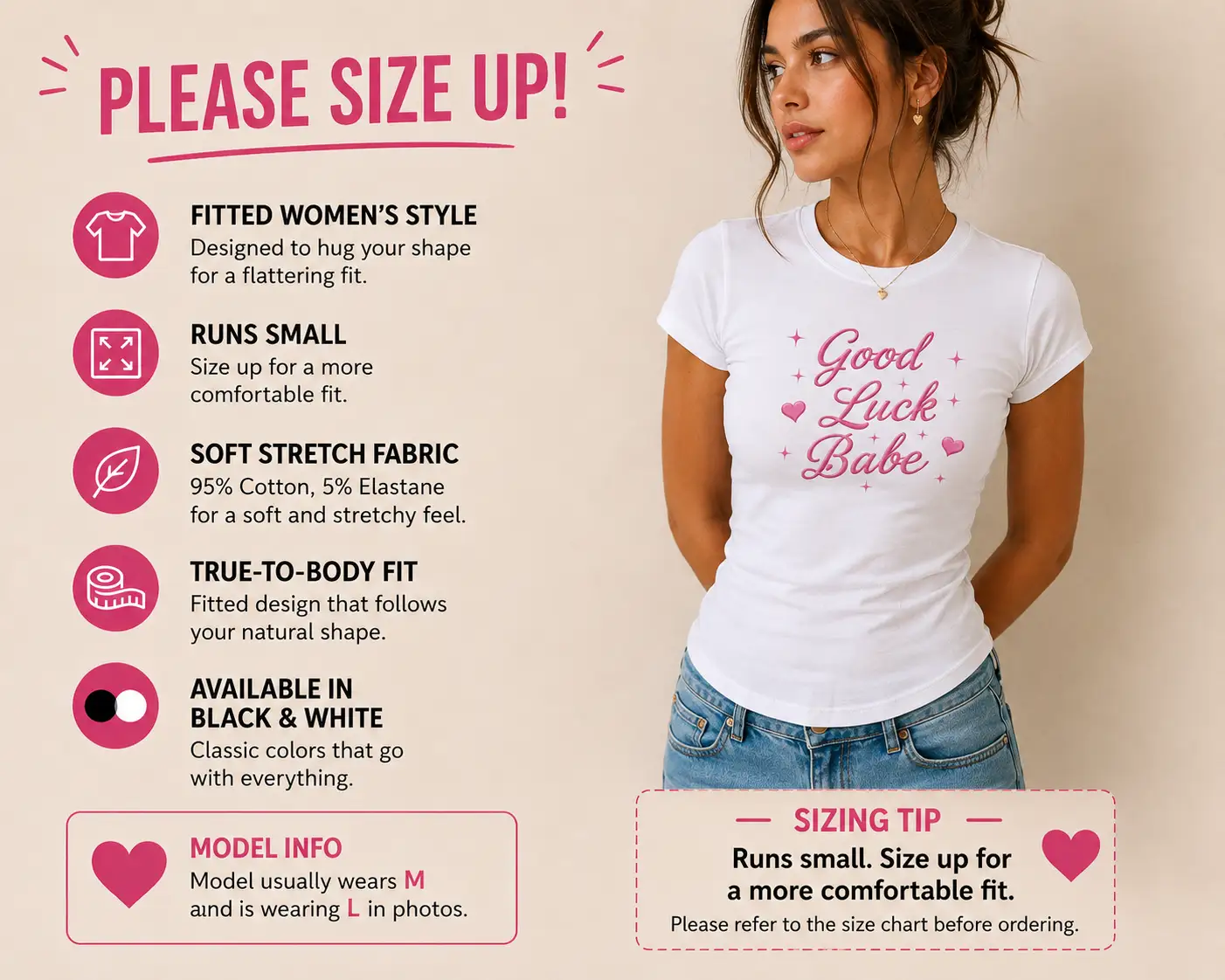 Good Luck Babe fitted top sizing guide - runs small, please size up - PrintMyVibe